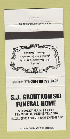 Matchbook Cover - SJ Grontkowski Funeral Home Plymouth PA WHITE 30 Strike
