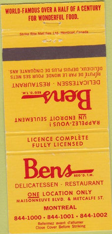Matchbook Cover - Ben's Deli Restaurant Montreal QC 30 Strike