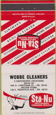 Matchbook Cover - Sta Nu Dry Cleaners Wobbe Springfield OH 30 Strike