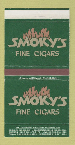 Matchbox - Smoky's Cigars Tobacco Berkley Royal Oak Livonia Bloomfield MI