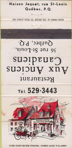 Matchbook Cover - Restaurant Aux Anciens Canadiens Quebec QC STAINED 30 Strike
