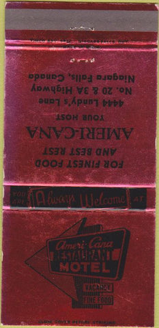 Matchbook Cover - Ameri Cana Restaurant Motel Niagara Falls ON 30 Strike