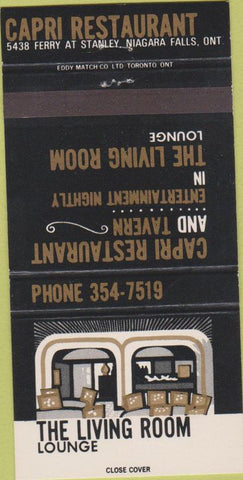 Matchbook Cover - Living Room Lounge Capri Restaurant Niagara Falls ON 30 Strike