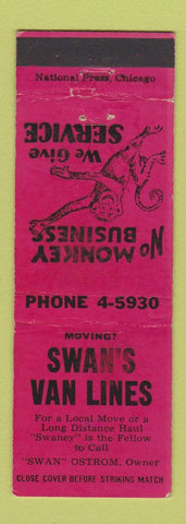 Matchbook Cover - Swan's Van Lines Trucking Swan Ostrom