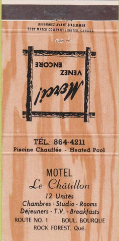 Matchbook Cover - Motel Le Chatillon Rock Forest QC 30 Strike