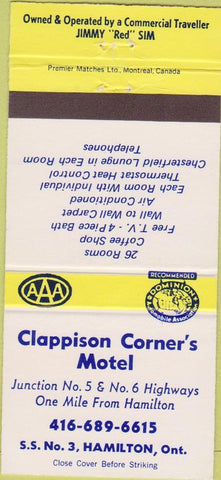 Matchbook Cover - Clappison Corner's Motel Hamilton ON 30 Strike