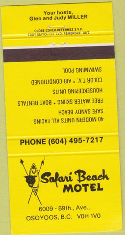 Matchbook Cover - Safari Beach Motel Osoyoos BC 30 Strike