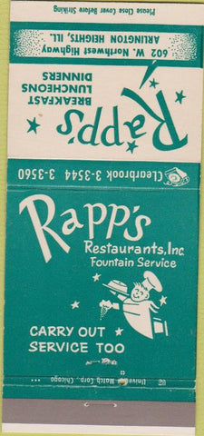 Matchbook Cover - Rapp's Restaurant Arlington Heights IL 30 Strike