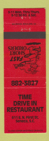 Matchbook Cover - Time Drive In Restaurant Seneca SC