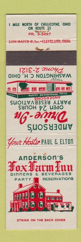 Matchbook Cover - Anderson's Fox Farm Inn Chillicothe OH Washington Court House
