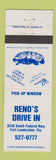 Matchbook Cover - Reno's Drive In Fort Lauderdale FL Vienna Beef Hot Dogs