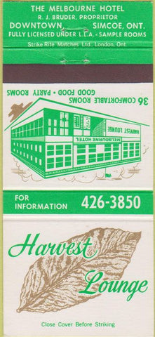 Matchbook Cover - Harvest Lounge Simcoe ON 30 Strike