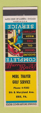 Matchbook Cover - Merl Thayer Gulf oil gas Erie PA