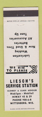 Matchbook Cover - Liesch's Service Mobil oil gas Wittenberg WI