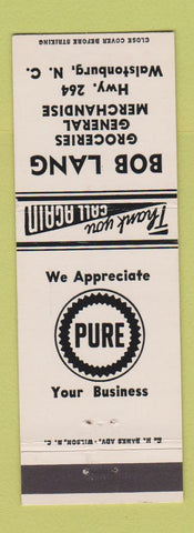Matchbook Cover - Pure oil gas Bob Lang Grocery Walstonburg NC