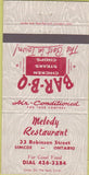 Matchbook Cover - Melody Restaurant Simcoe ON BBQ 30 Strike