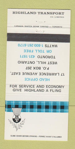 Matchbook Cover - Highland Transport Trucking West Hill ON Toronto 30 Strike