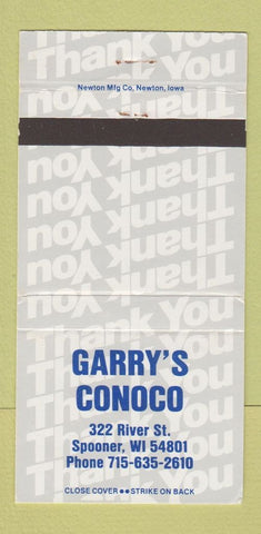 Matchbook Cover - Garry's Conoco oil gas Spooner WI 30 Strike