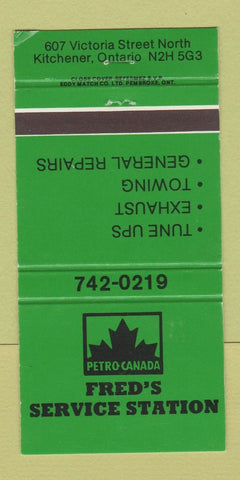 Matchbook Cover - Petro Canada oil gas Fred's Kitchener ON WEAR 30 Strike