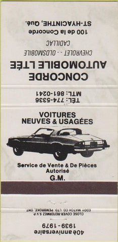 Matchbook Cover - Chevrolet Oldsmobile Cadillac St Hyacinthe QC 30 Strike
