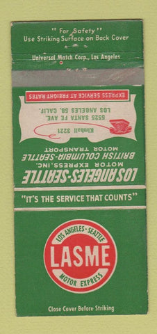 Matchbook Cover - Lasme Trucking Motor Express Los Angeles Seattle 30 Strike