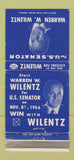 Matchbook Cover - Warren Wilentz Senate Election 1966 NJ New Jersey 30 Strike