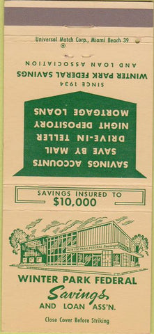 Matchbook Cover - Winter Park Federal Savings FL 30 Strike