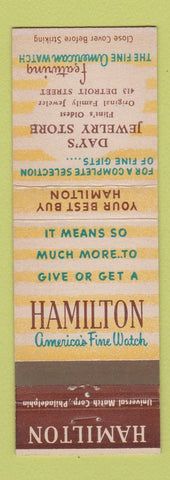 Matchbook Cover - Hamilton Watches Day's Jewelry Flint MI