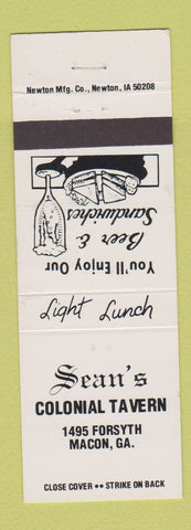 Matchbook Cover - Sean's Colonial Tavern Macon GA RED WHITE