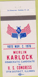 Matchbook Cover - Merlin Karlock Democrat US Congress IL 30 Strike