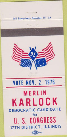 Matchbook Cover - Merlin Karlock Democrat US Congress IL 30 Strike