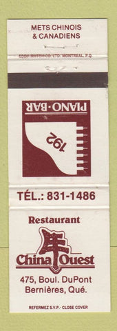 Matchbook Cover - China Ouest Piano Bar Chinese Bernieres QC