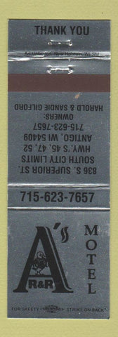 Matchbook Cover - A's R&R Motel Antigo WI