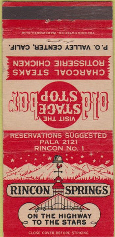 Matchbook Cover - Rincon Springs Valley center CA WEAR 30 Strike