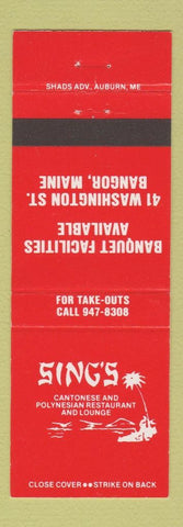 Matchbook Cover - Sing's Chinese Polynesian Rstaurant Bangor ME