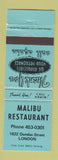 Matchbook Cover - Malibu Restaurant London ON