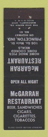 Matchbook Cover - McGarrah Restaurant Princeton IN