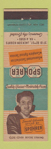 Matchbook Cover - Spohrer Glasses Jackson Heights New York City girlie