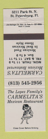 Matchbook Cover - Carmelita's Mexican Restaurant girlie St Petersburg FL WEAR
