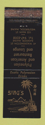Matchbook Cover - Sing's Polynesian Restaurant Westbrook ME WORN