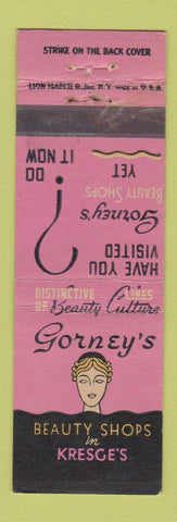 Matchbook Cover - Gorney's Beauty Shops Kresge's girlie Boston Baltimore Buffalo