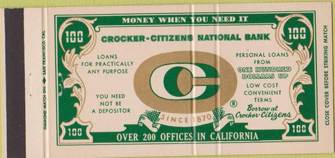 Matchbook Cover - Crocker Citizens Bank CA chain 30 Strike