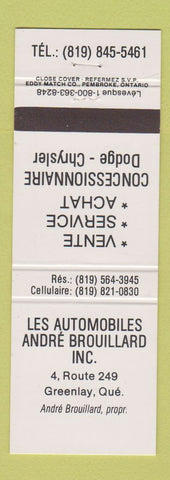 Matchbook Cover - Les Automobiles Andre Brouillard Dodge Chrysler Greenlay QC