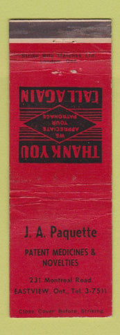 Matchbook Cover - JA Paquette Drug Store Eastview ON WEAR