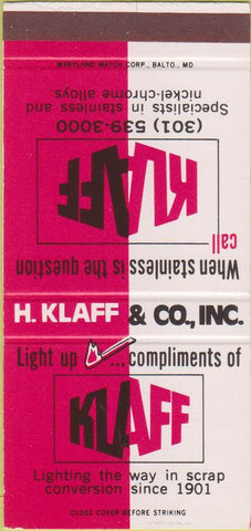 Matchbook Cover - Klaff scrap conversion Detroit MI Baltimore 30 Strike