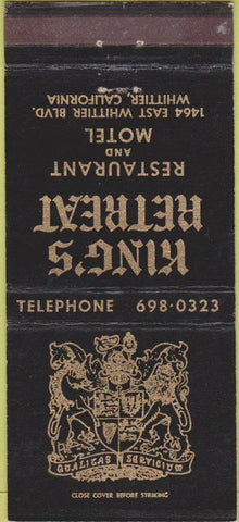 Matchbook Cover - King's Retreat Whittier CA 30 Strike
