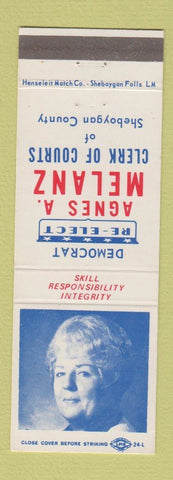 Matchbook Cover - Agnes Melanz Clerk of Court Election Sheboygan County WI