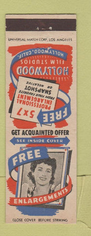 Matchbook Cover - Hollywood Film Studios Photo Enlargements CA girlie