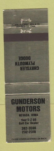 Matchbook Cover - Gunderson Motors Nevada IA Chrysler Plymouth Dodge