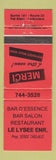 Matchbook Cover - Bar D'Essence Val Alain Lotbiniere QC WEAR